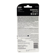 Back view of Duracell AAA battery packaging with text and branding.