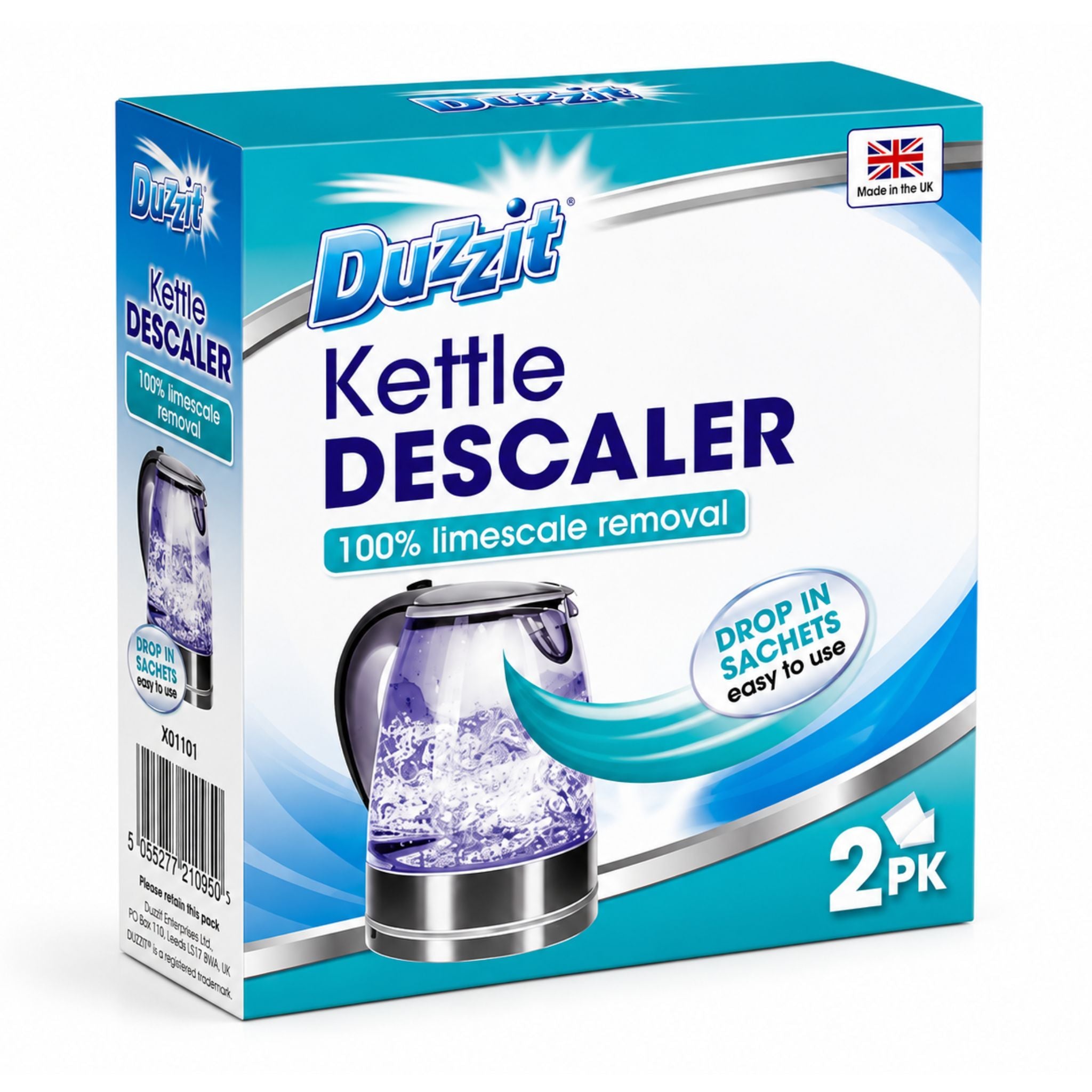 Duzzit Kettle Descaler 2-pack retail box, featuring blue and white packaging with an illustration of a kettle and text indicating 100% limescale removal.