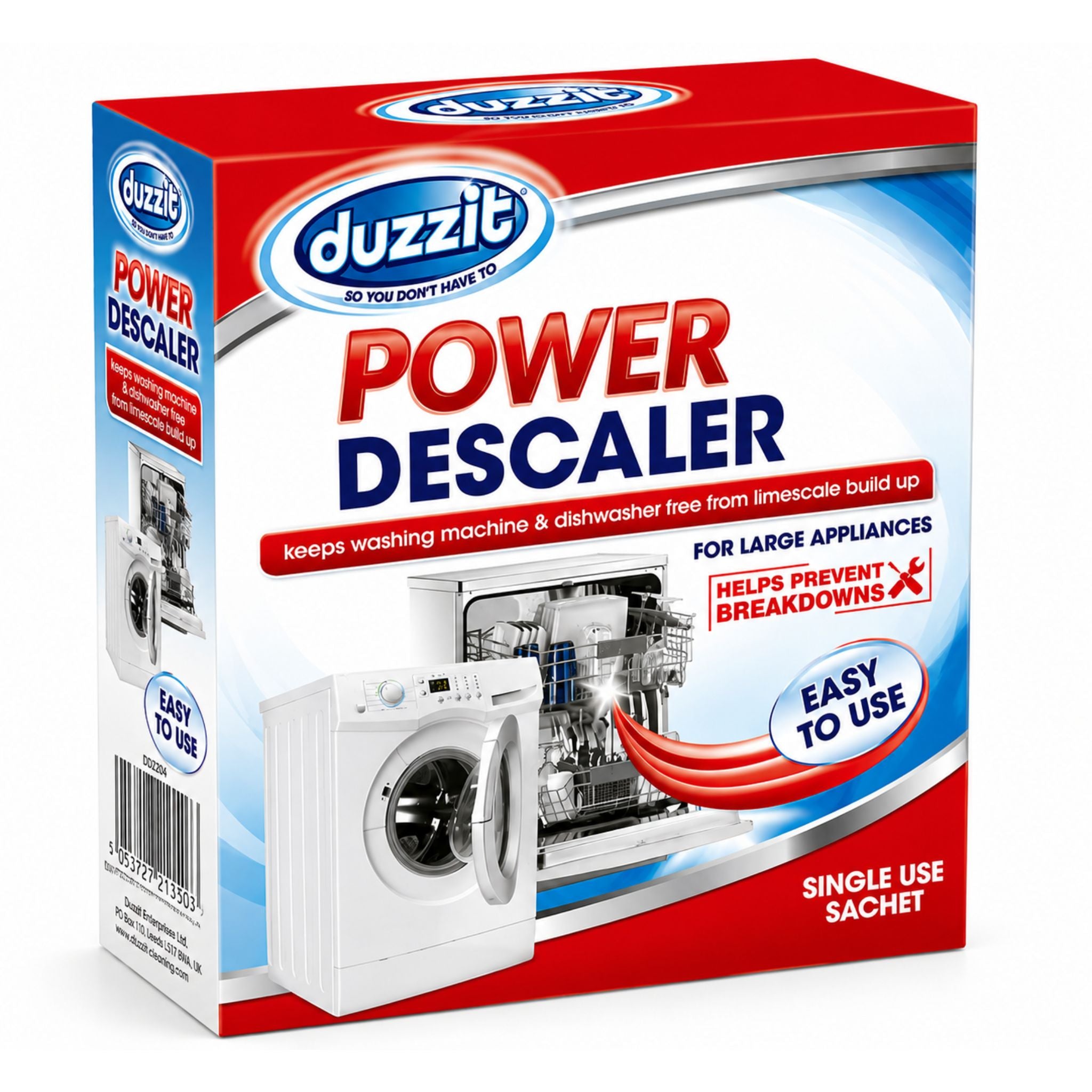 A boxed laundry product labeled 'duzzit POWER DESCALER' shown on a clean white background. The package is predominantly red, white, and blue, with product imagery including a washing machine and dishwasher, and text indicating single use and large appliance use.