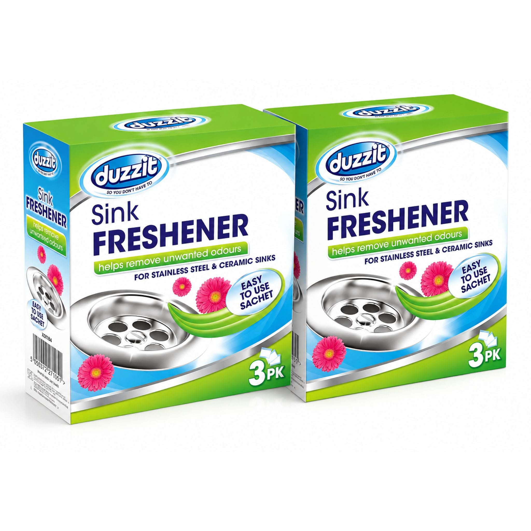 Two boxes of Duzzit Sink Freshener 3-pack, featuring green, white, and blue packaging with an illustration of a stainless steel sink and pink flowers.