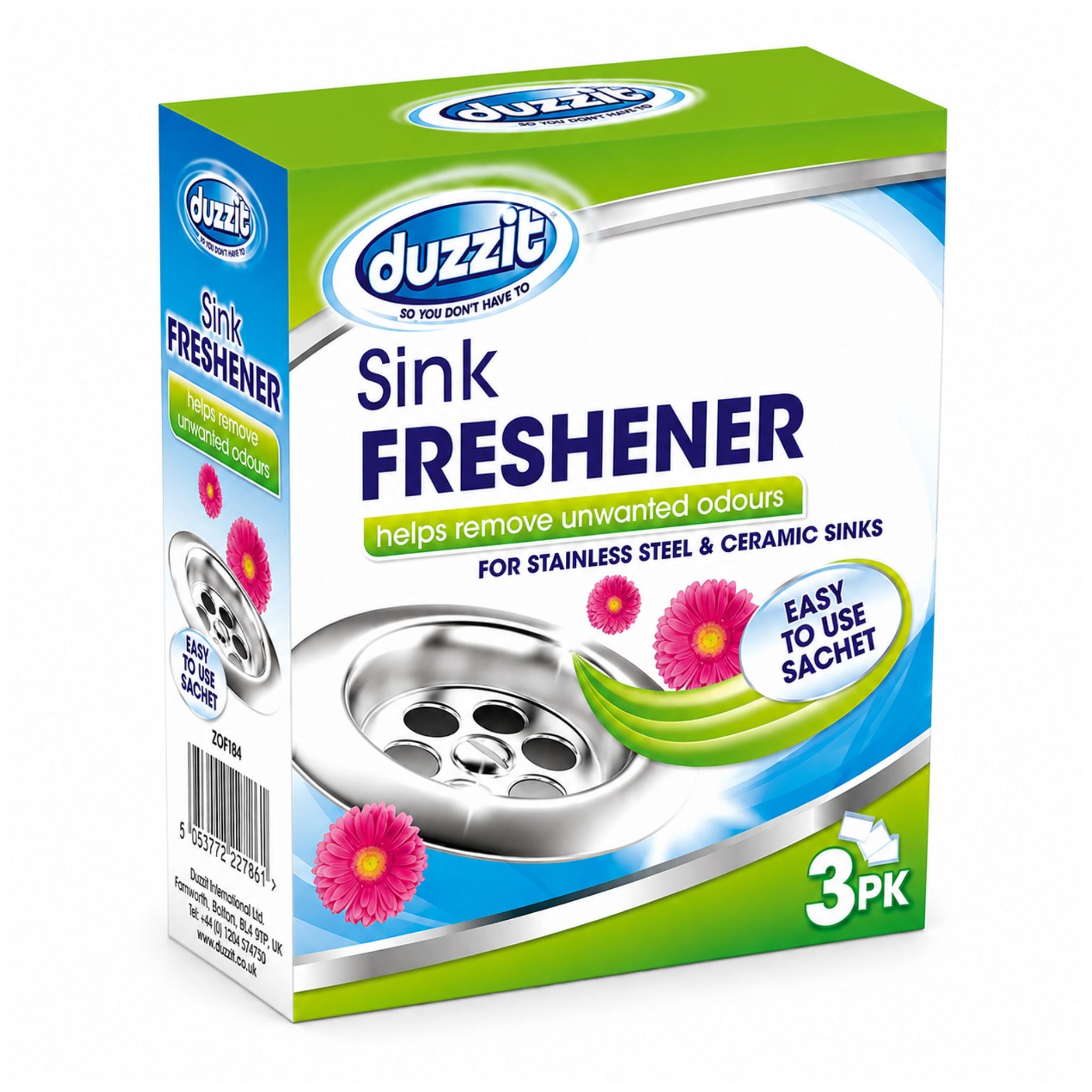A 3-pack box of Duzzit Sink Freshener, featuring a green, white, and blue packaging design with an illustration of a stainless steel sink drain and pink flowers.