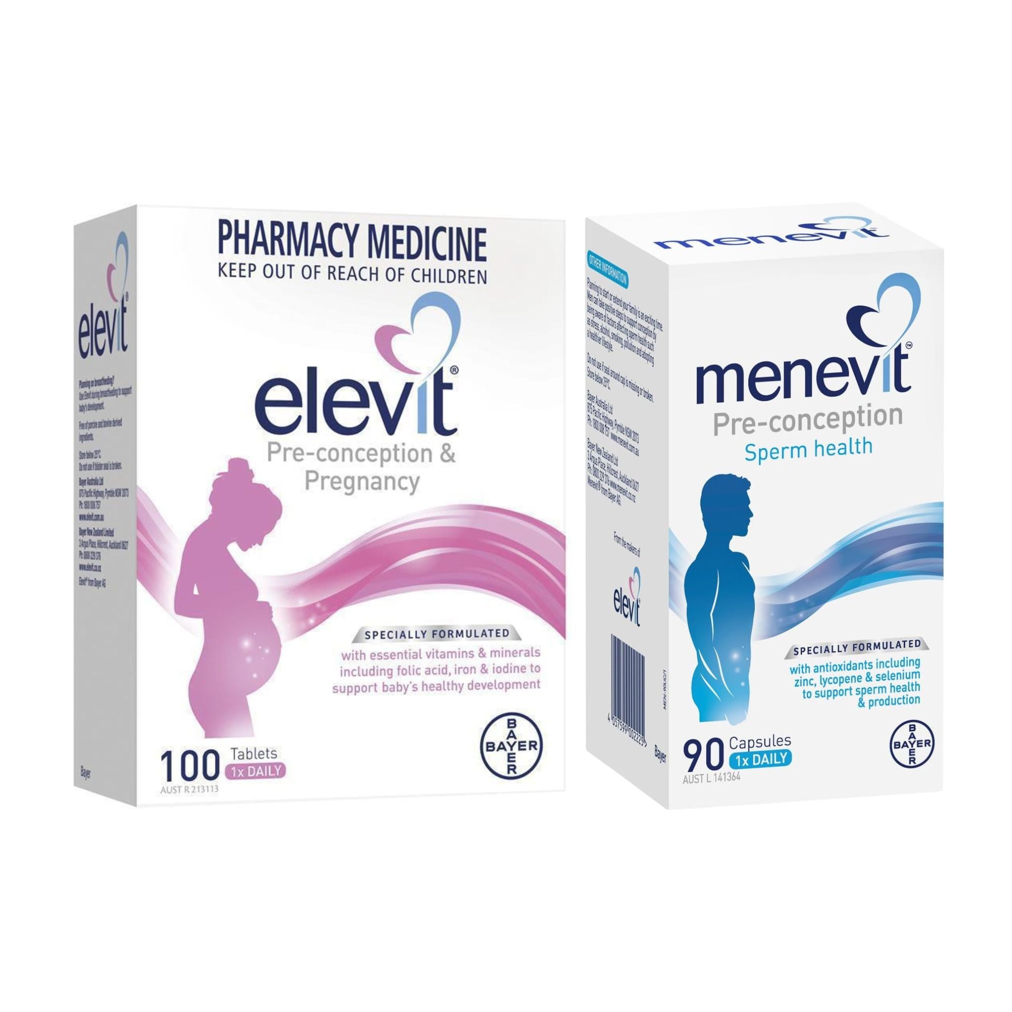 Two boxes of elevit and menevit on a white background