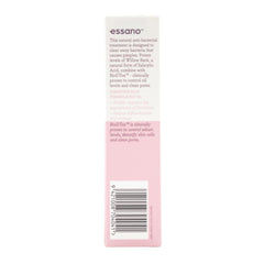 Back of a pink skincare product packaging with 'essano' branding and text.
