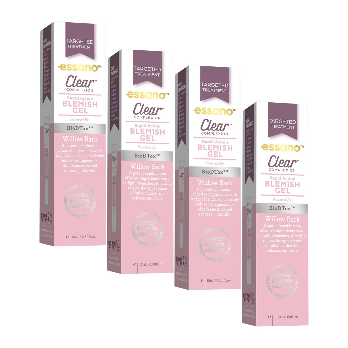 Multiple boxes of essano Clear Complexion Blemish Gel on a white background