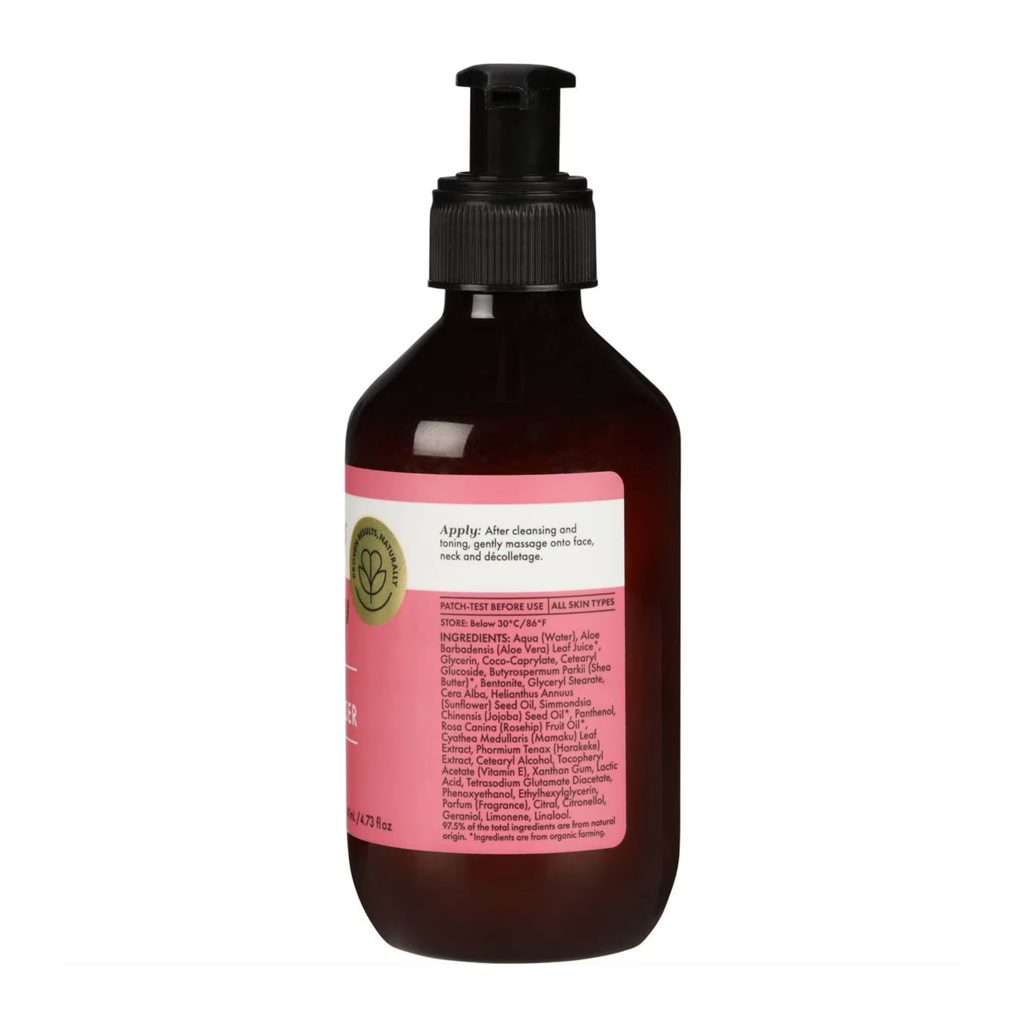 Bottle with a pink label on a white background