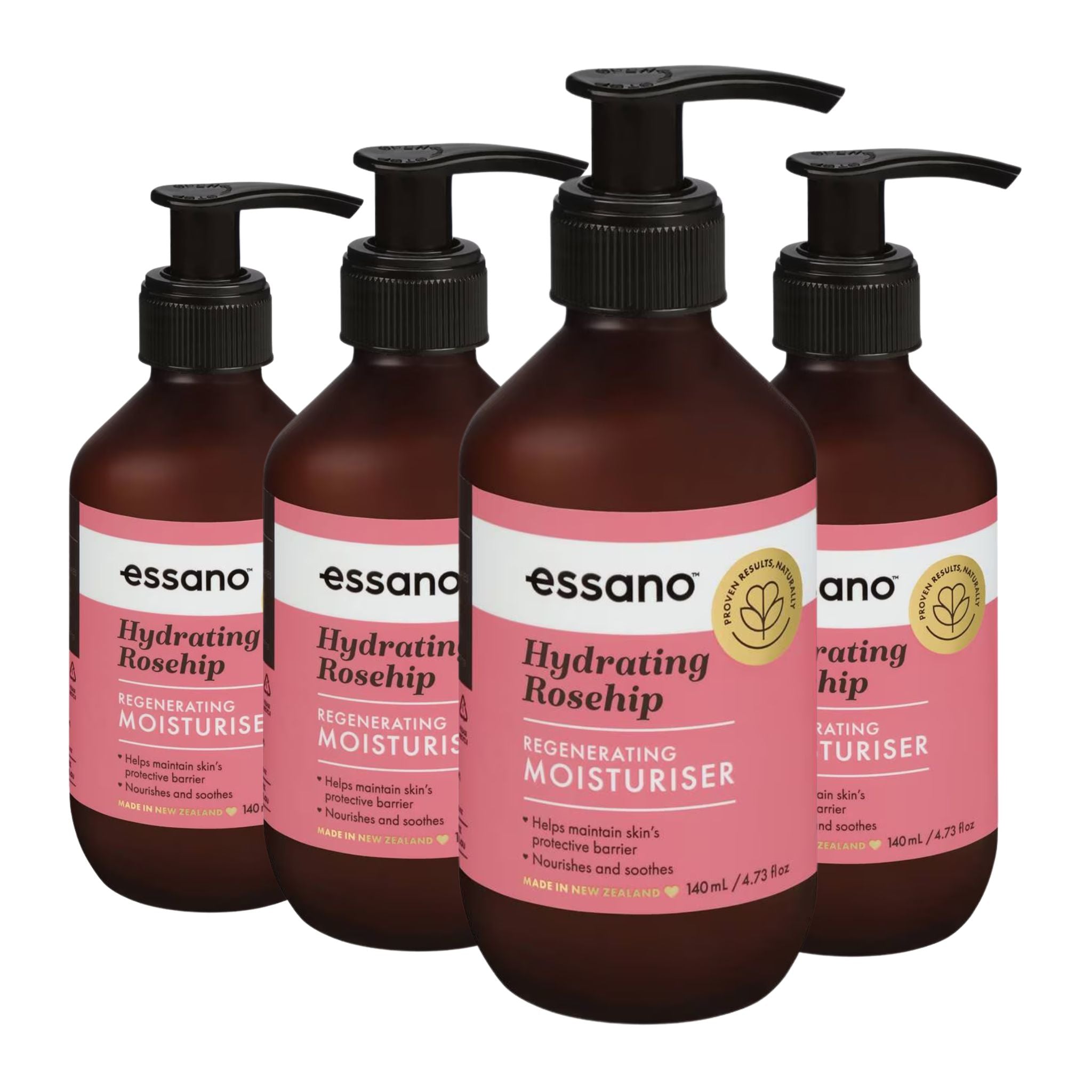 Four bottles of essano Hydrating Rosehip Moisturiser on a white background