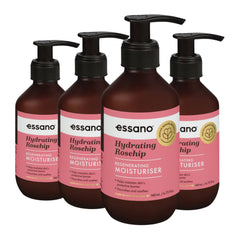 Four bottles of essano Hydrating Rosehip Moisturiser on a white background