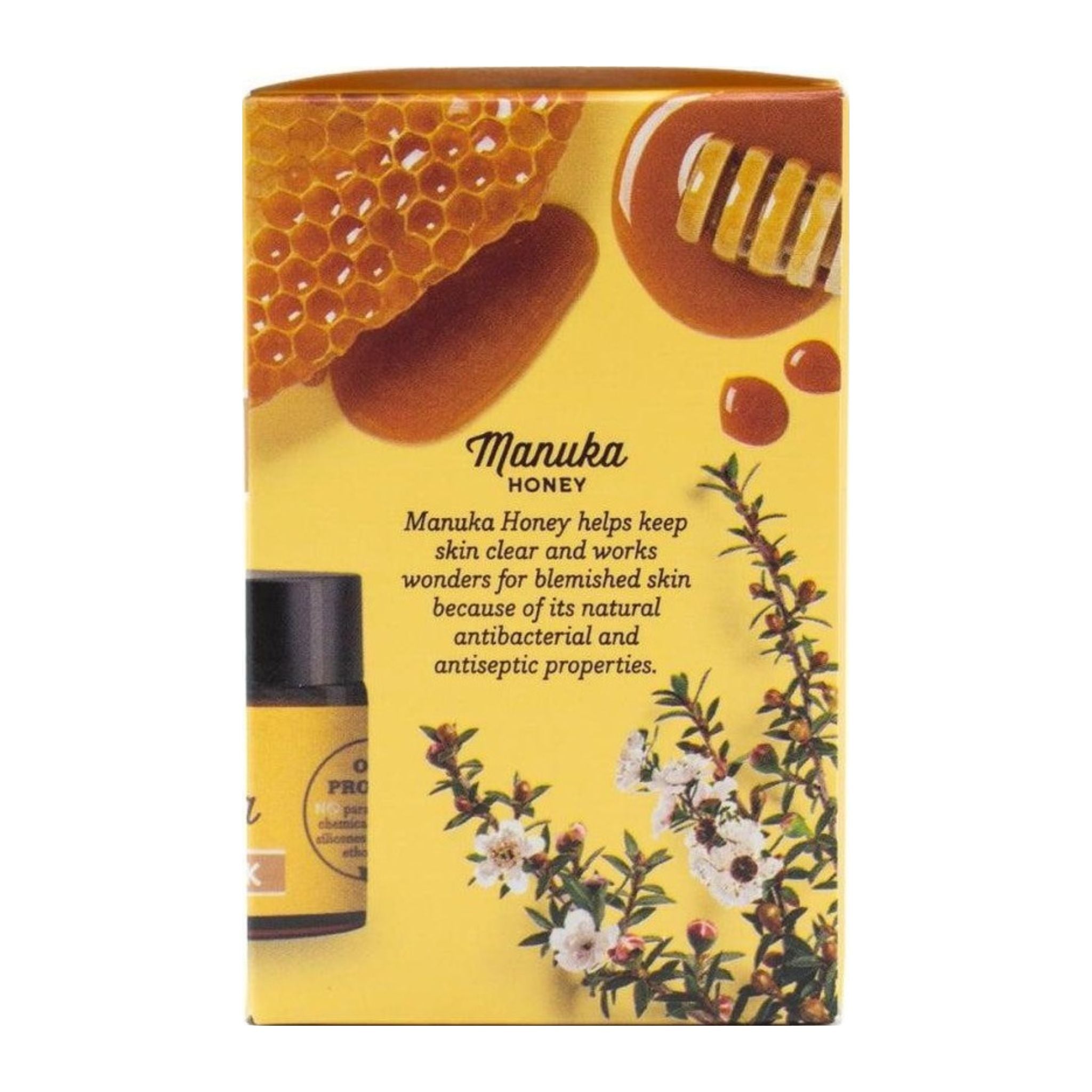 Manuka honey packaging with floral design and text on a white background