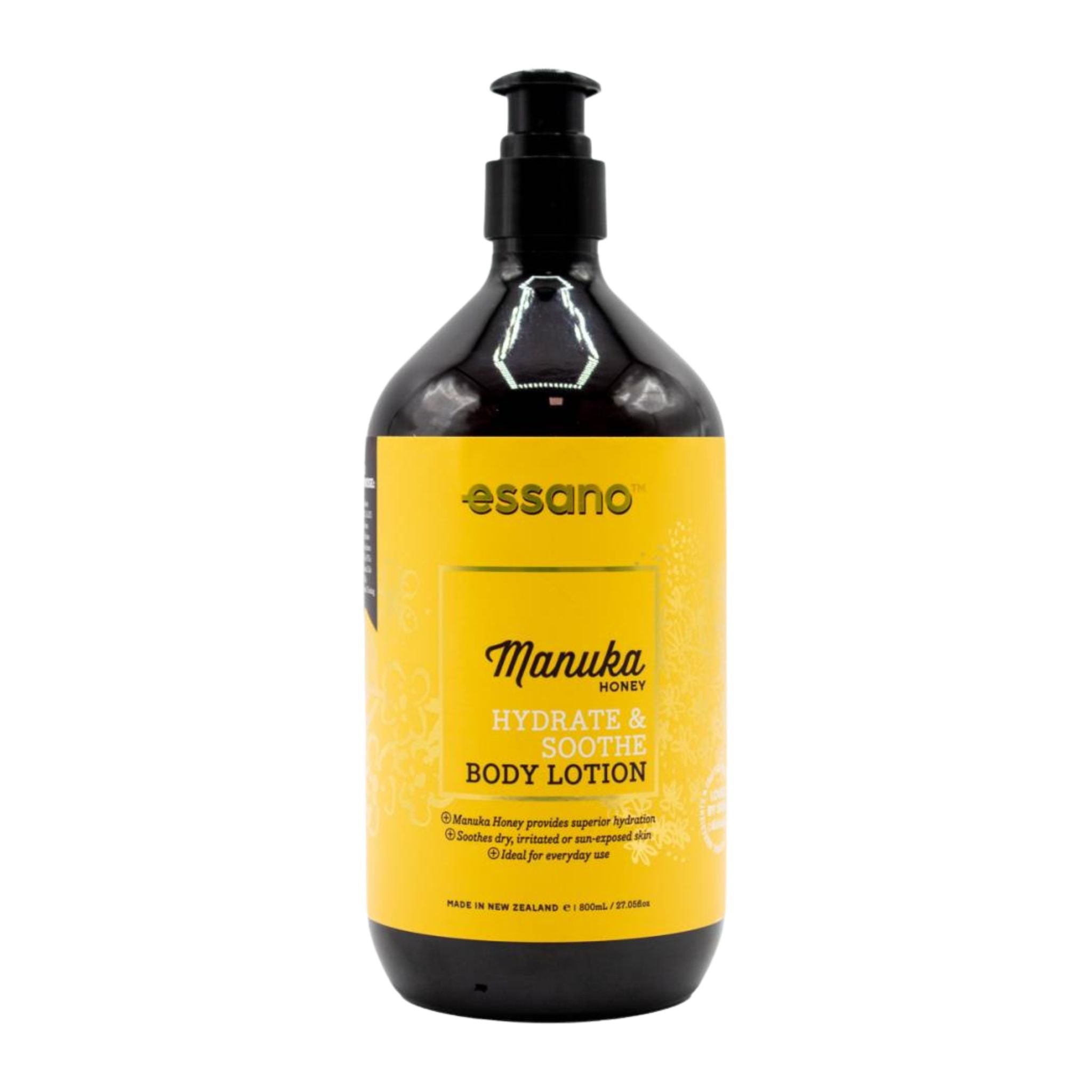 Black and yellow bottle of essano Manuka Honey Hydrate & Soothe Body Lotion on a white background