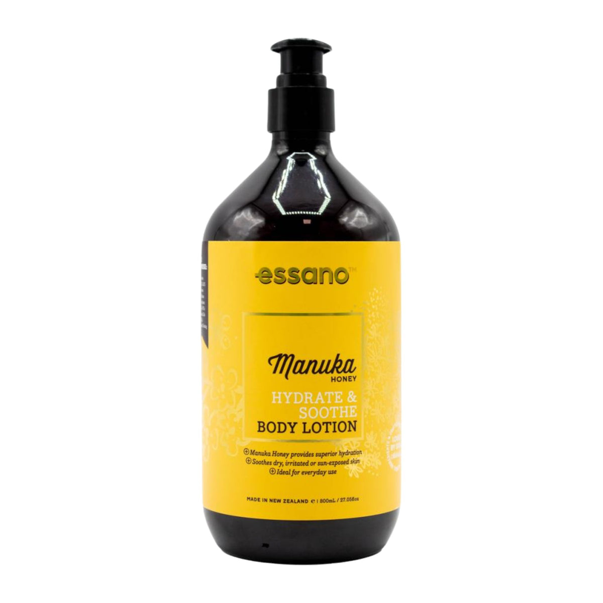 Black and yellow bottle of essano Manuka Honey Hydrate & Soothe Body Lotion on a white background
