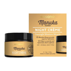 Essano Manuka Honey Night Crème packaging with jar on a white background