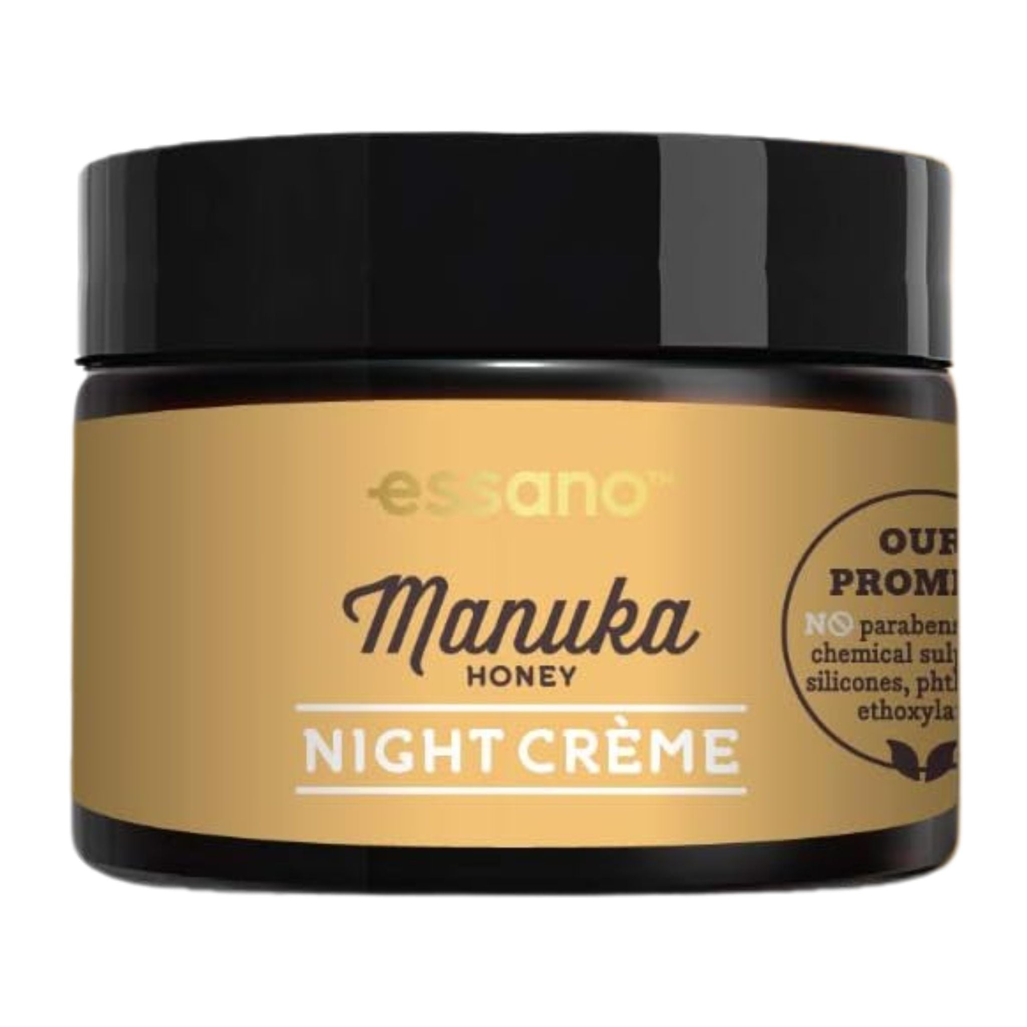 Jar of essano Manuka Honey Night Crème on a white background