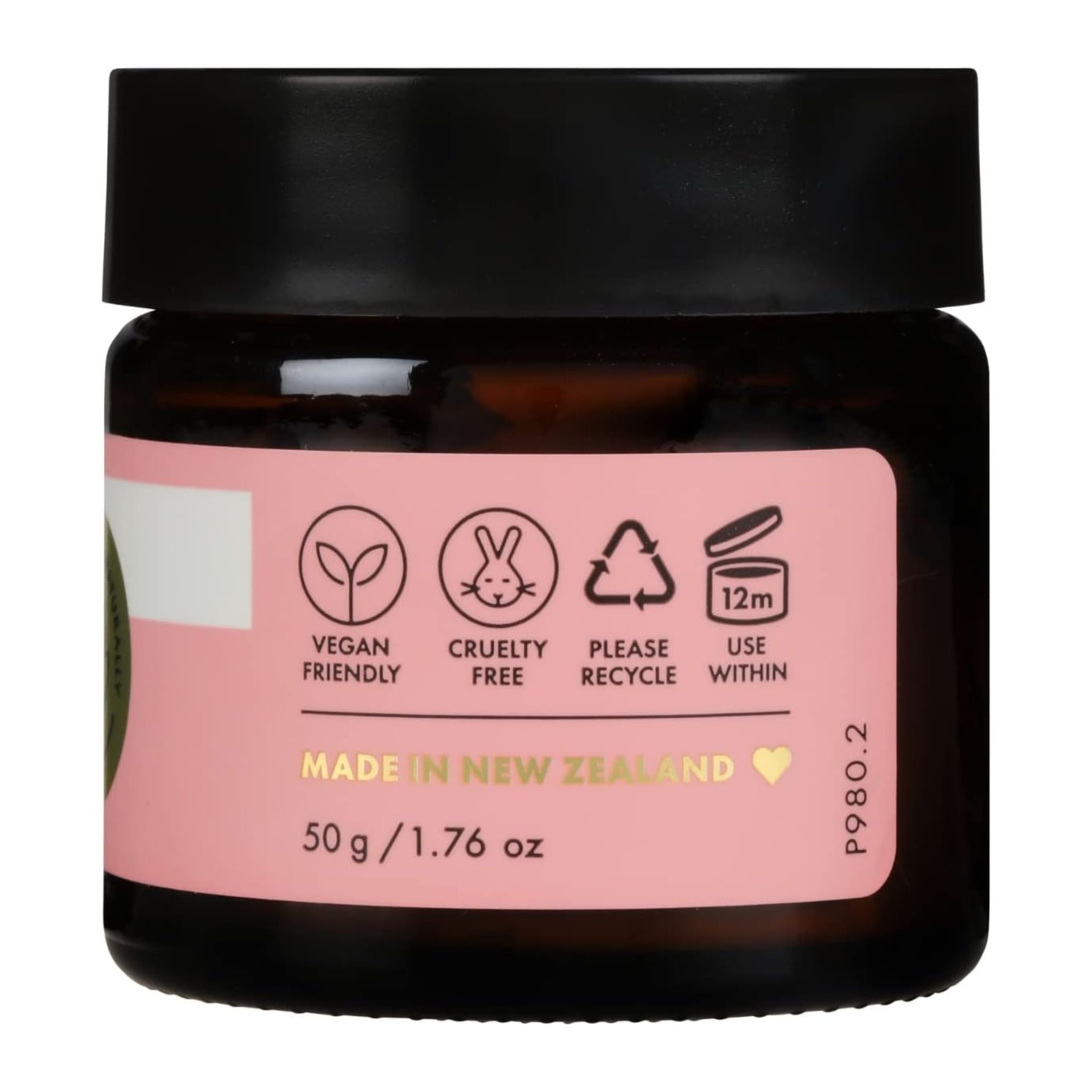 Jar with a pink label featuring icons and text on a white background