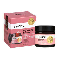 Essano pink clay mask packaging with jar and box on a white background