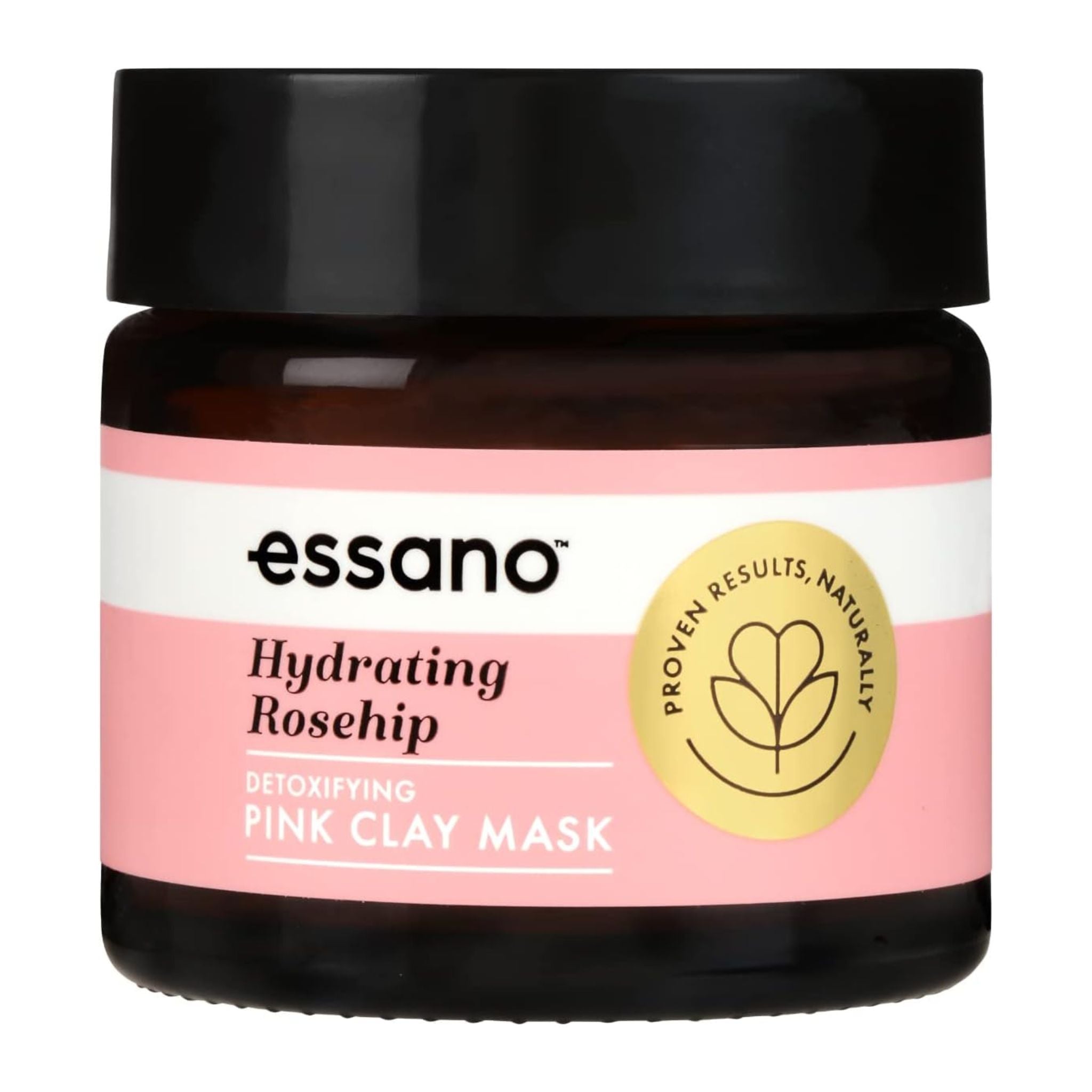 Essano pink clay mask jar with black lid on a white background
