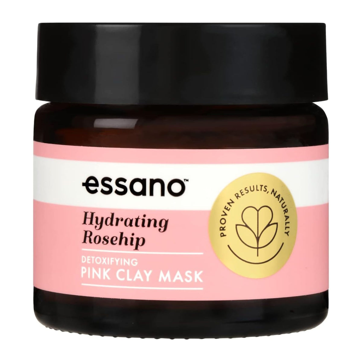 Essano pink clay mask jar with black lid on a white background