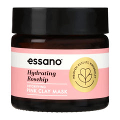 Essano pink clay mask jar with black lid on a white background