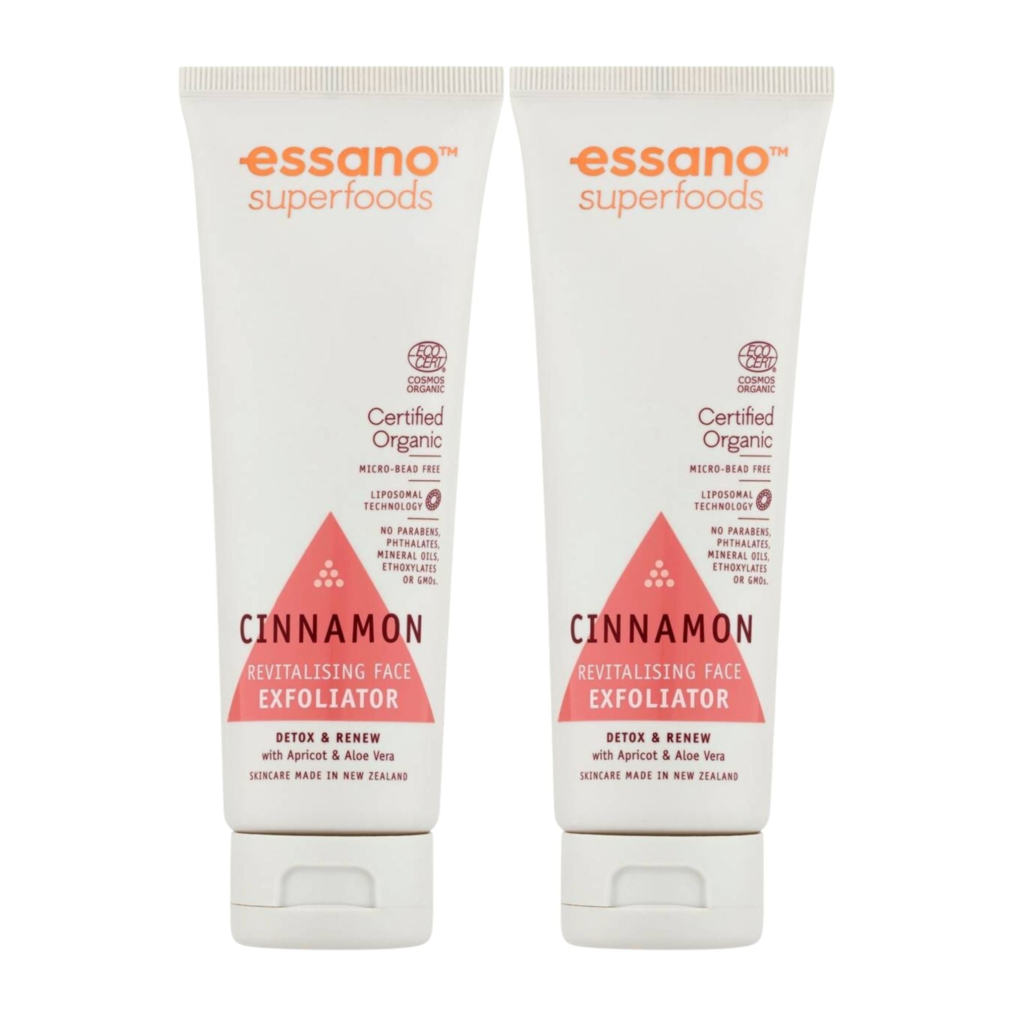 Two tubes of essano Superfoods Cinnamon Revitalising Face Exfoliator on a white background