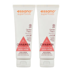 Two tubes of essano Superfoods Cinnamon Revitalising Face Exfoliator on a white background