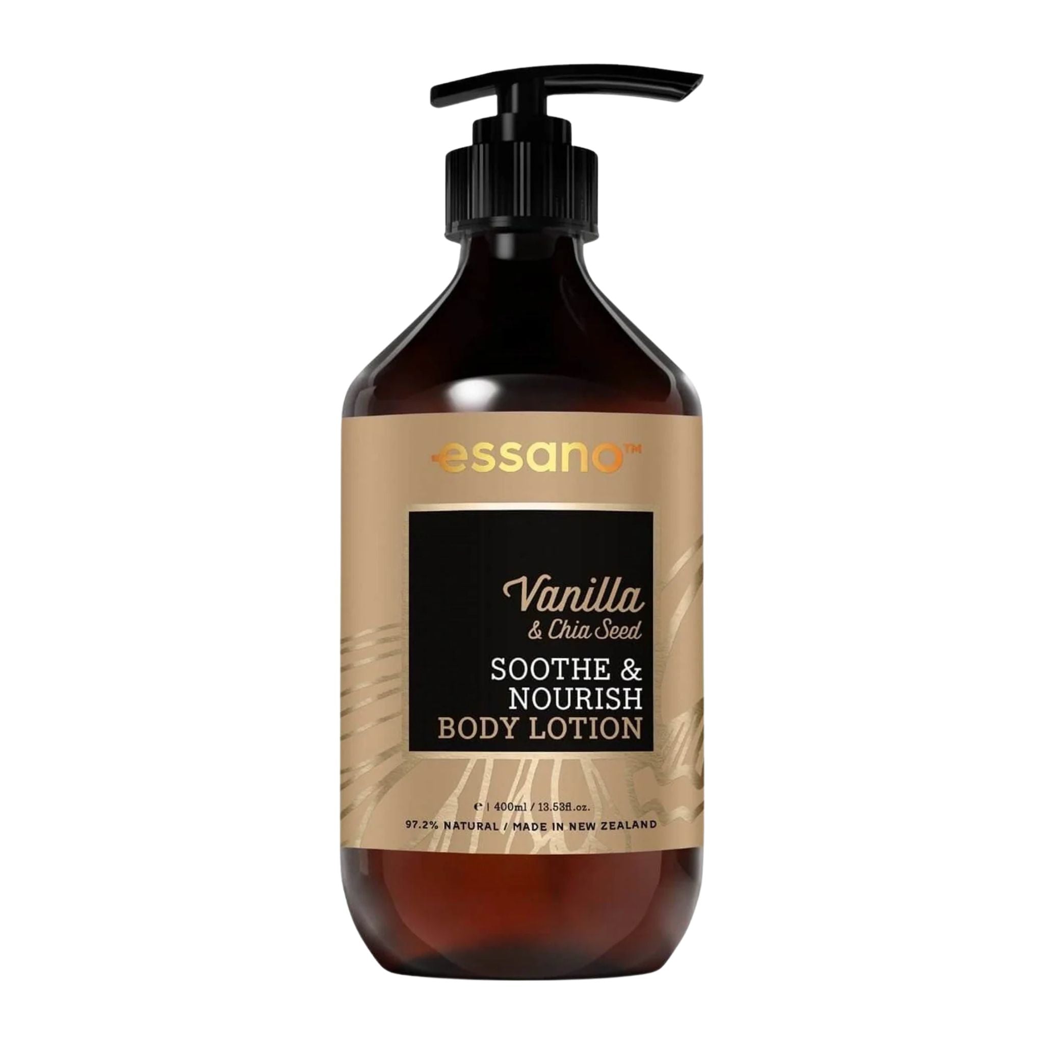 Brown bottle of essana Vanilla & Chia Seed body lotion on a white background