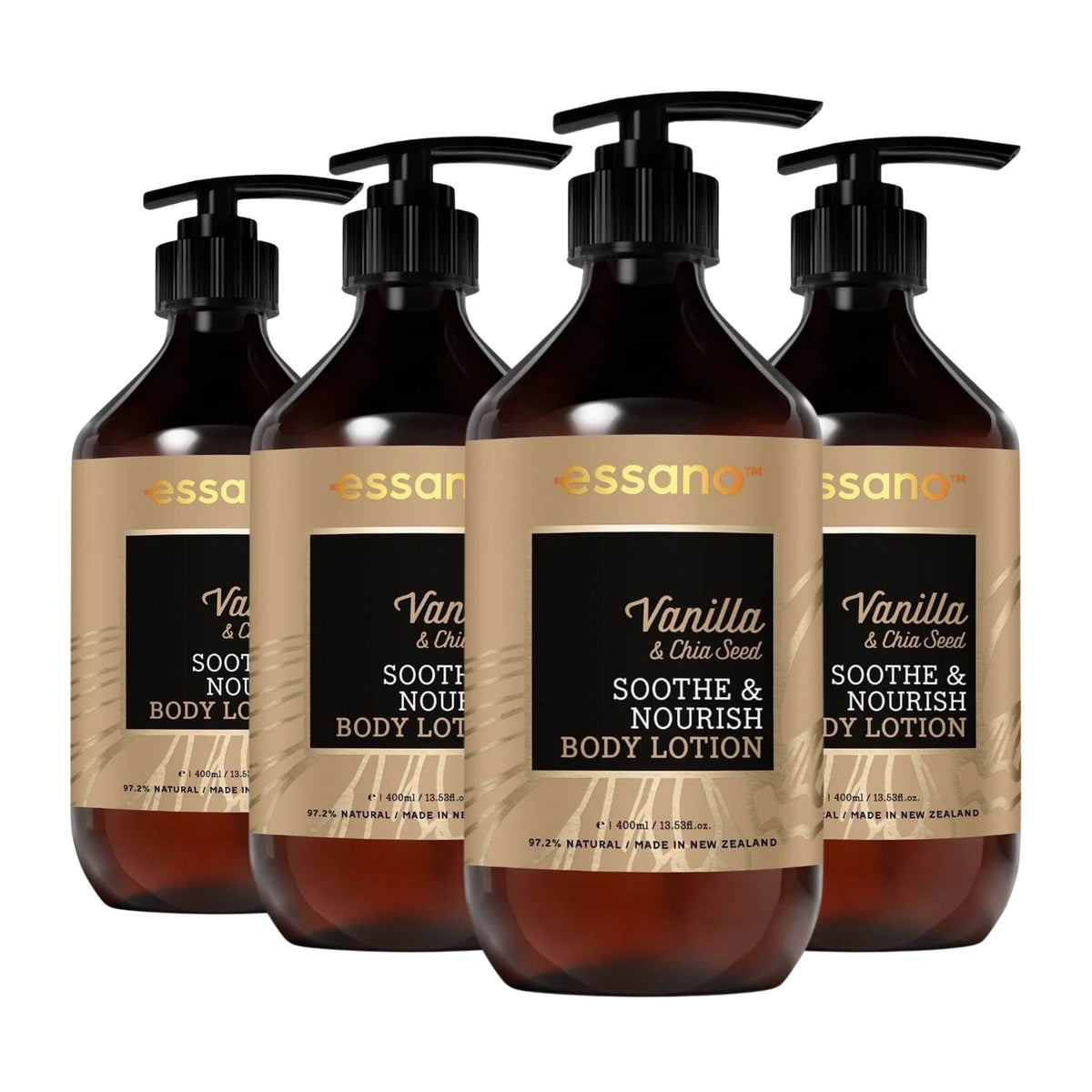 Four bottles of essanor Vanilla & Chia Seed Soothe & Nourish Body Lotion on a white background