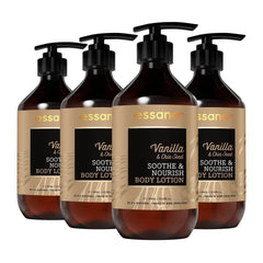 Four bottles of essanor Vanilla & Chia Seed Soothe & Nourish Body Lotion on a white background
