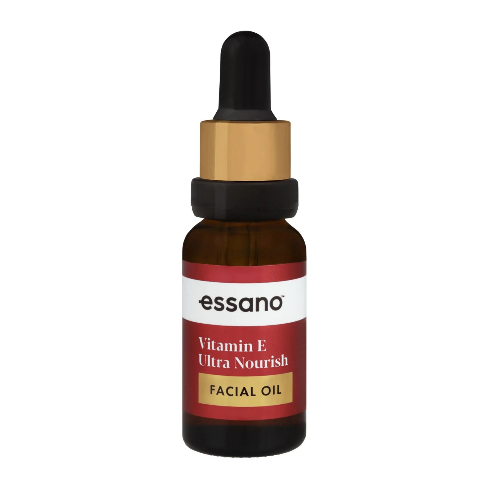 Essano Vitamin E Ultra Nourish facial oil bottle with dropper on a white background