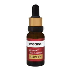 Essano Vitamin E Ultra Nourish facial oil bottle with dropper on a white background