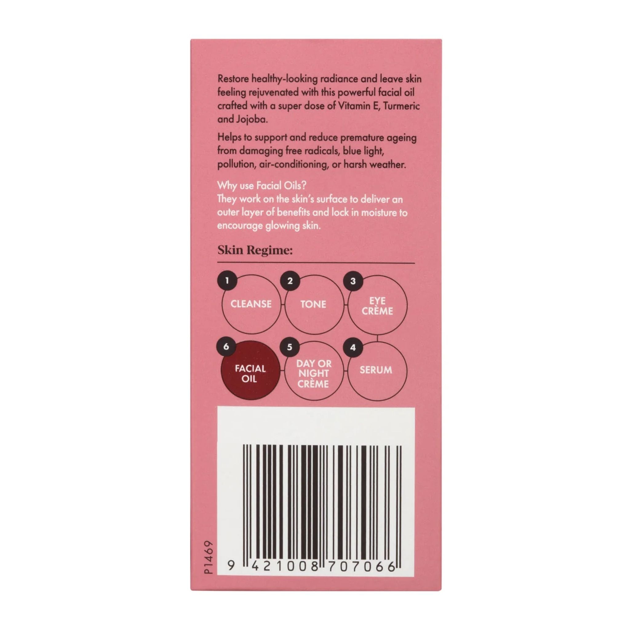 Pink skincare product label with text and a barcode on a white background