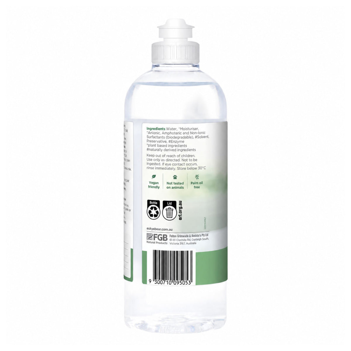Back view of a 500mL bottle of Euky Bear Baby Bottle Utensil Cleanser Fragrance Free showing directions and details