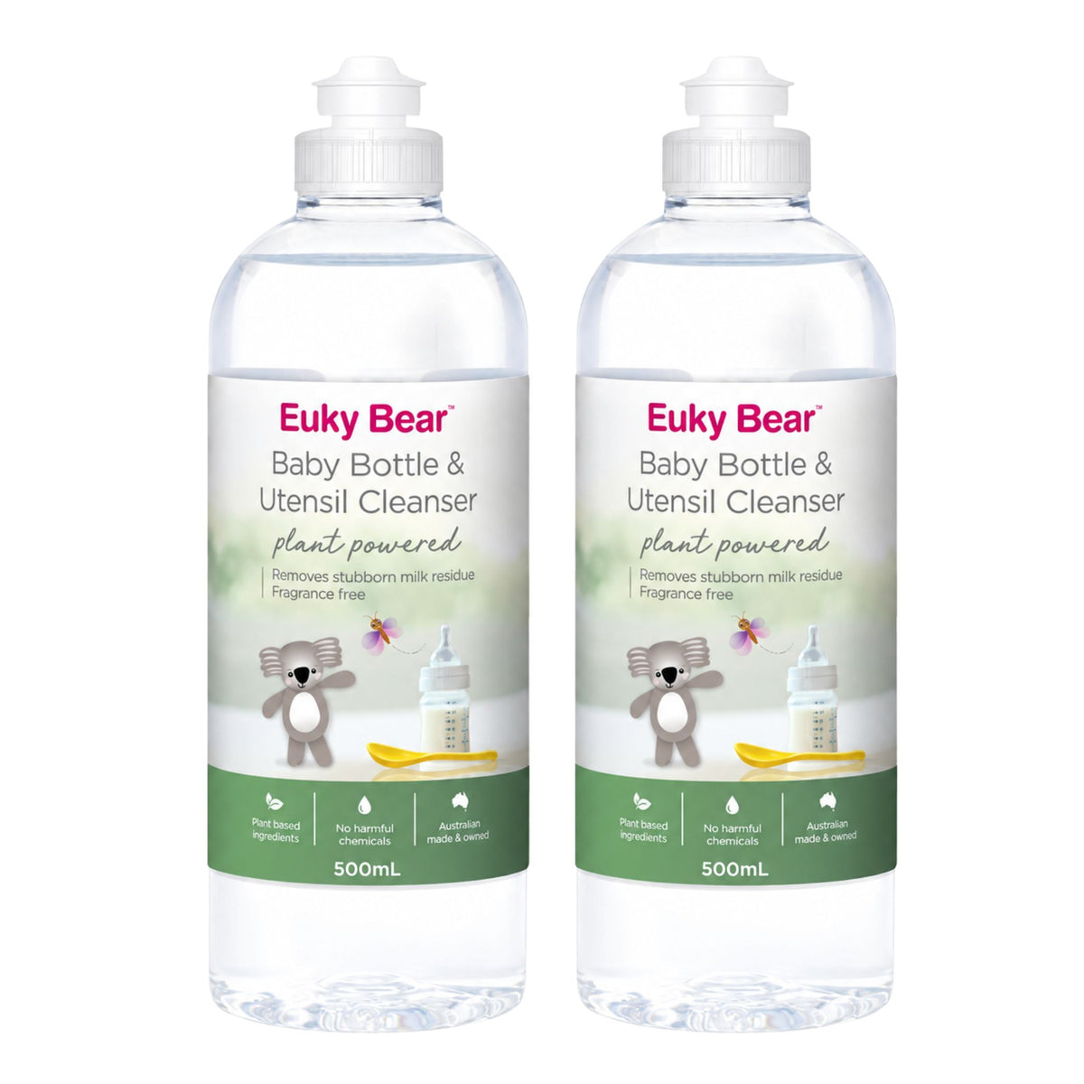 Pack of two 500mL bottles of Euky Bear Baby Bottle Utensil Cleanser Fragrance Free