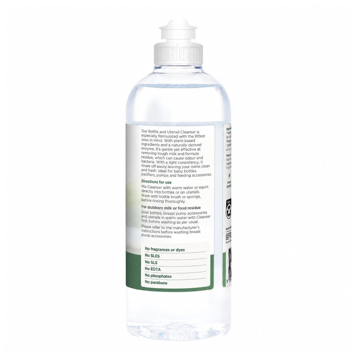 Side view of a 500mL bottle of Euky Bear Baby Bottle Utensil Cleanser Fragrance Free
