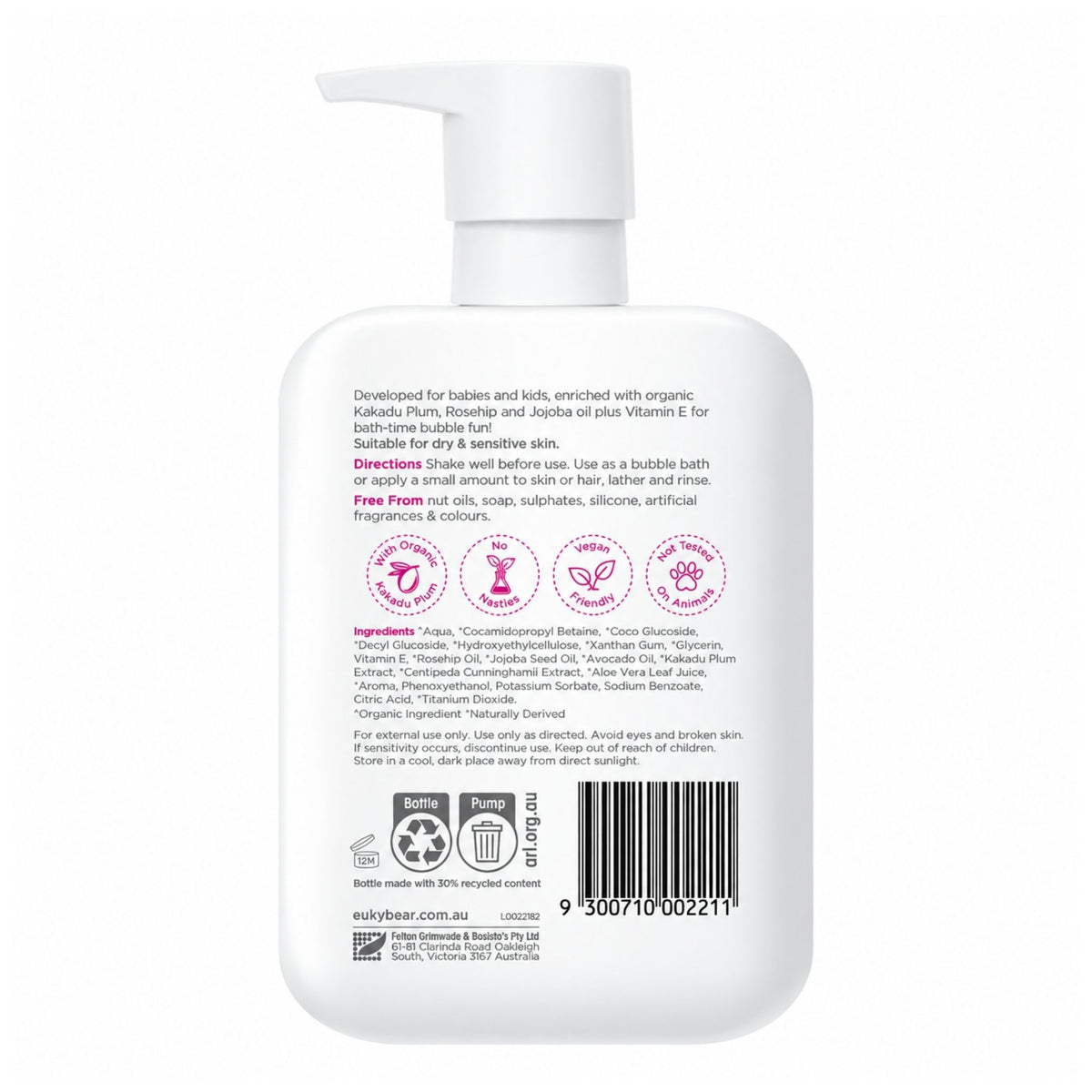 Back view of a 300mL pump bottle of Euky Bear Naturally Gentle Bubble Bath showing directions and details