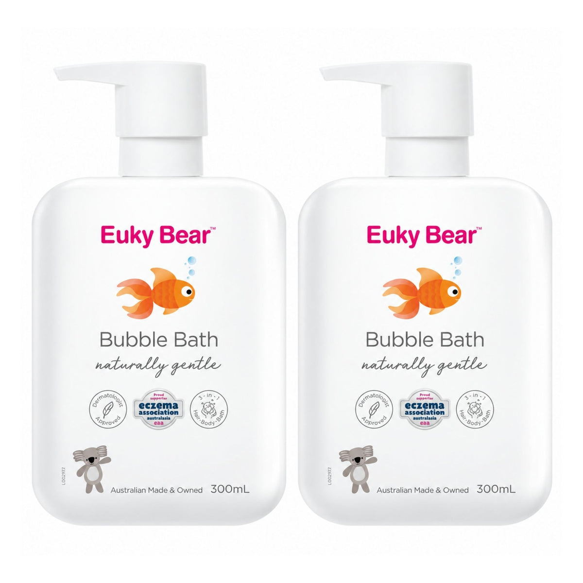 Pack of two 300mL pump bottles of Euky Bear Naturally Gentle Bubble Bath