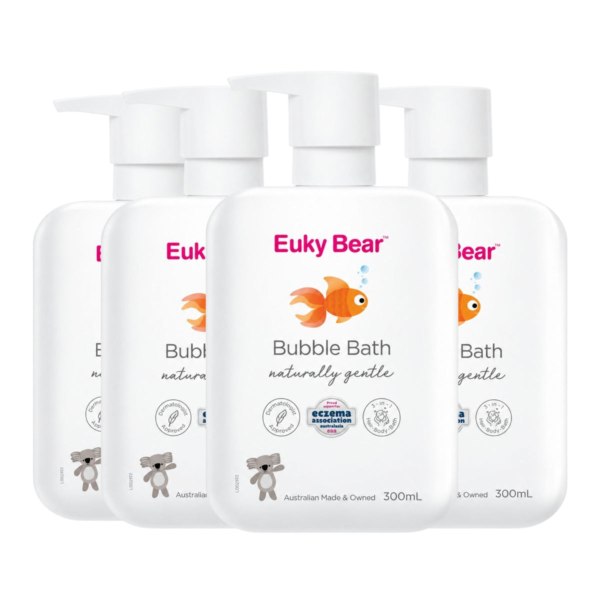Pack of four 300mL pump bottles of Euky Bear Naturally Gentle Bubble Bath