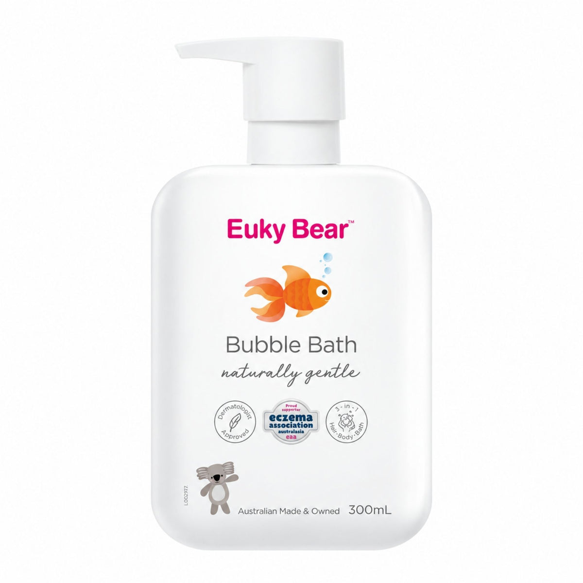 Front view of a 300mL pump bottle of Euky Bear Naturally Gentle Bubble Bath