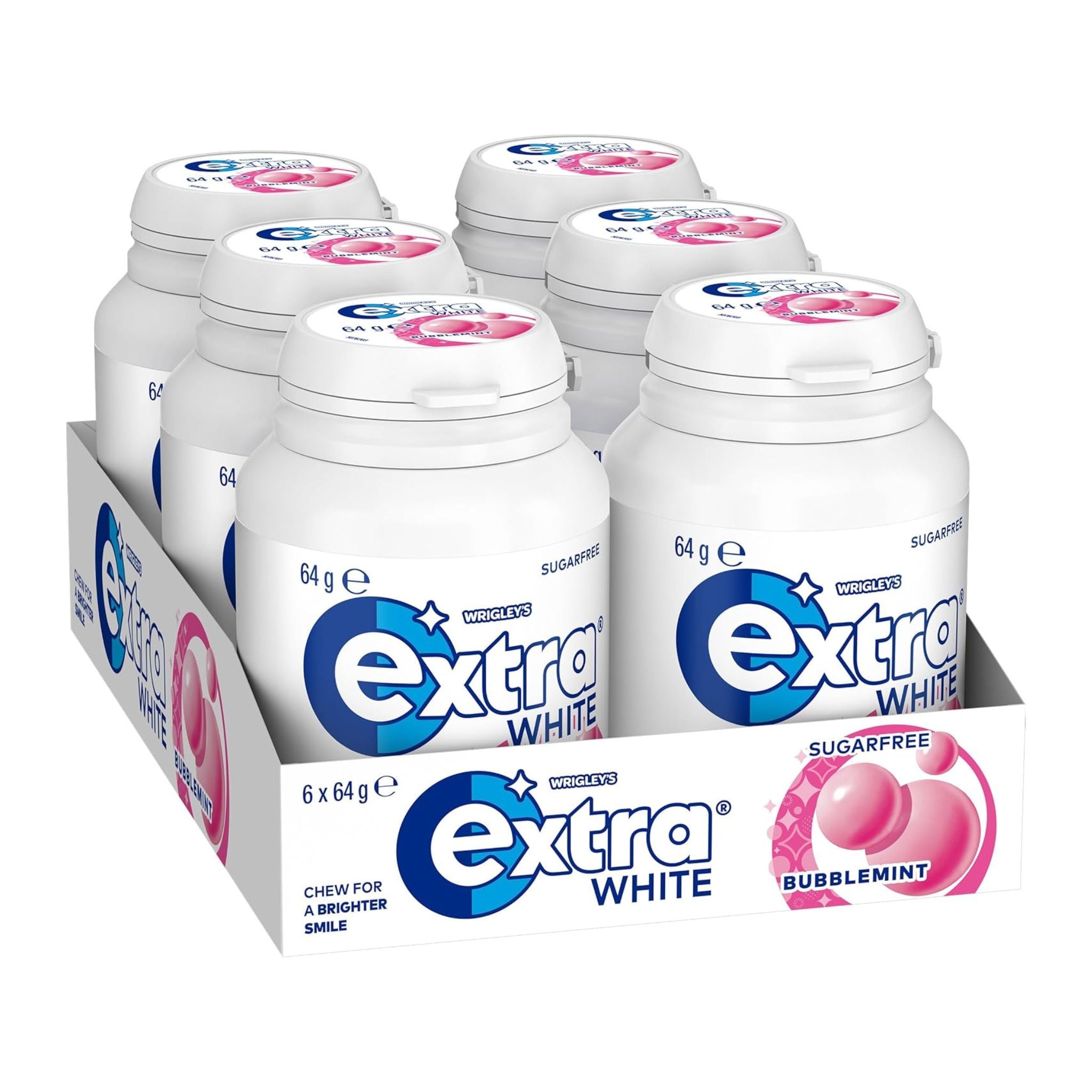 Box of Wrigley's Extra White bubble gum with multiple packs on a white background