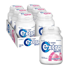 Multiple bottles of Wrigley's Extra White bubblegum flavor chewing gum with packaging on a white background.