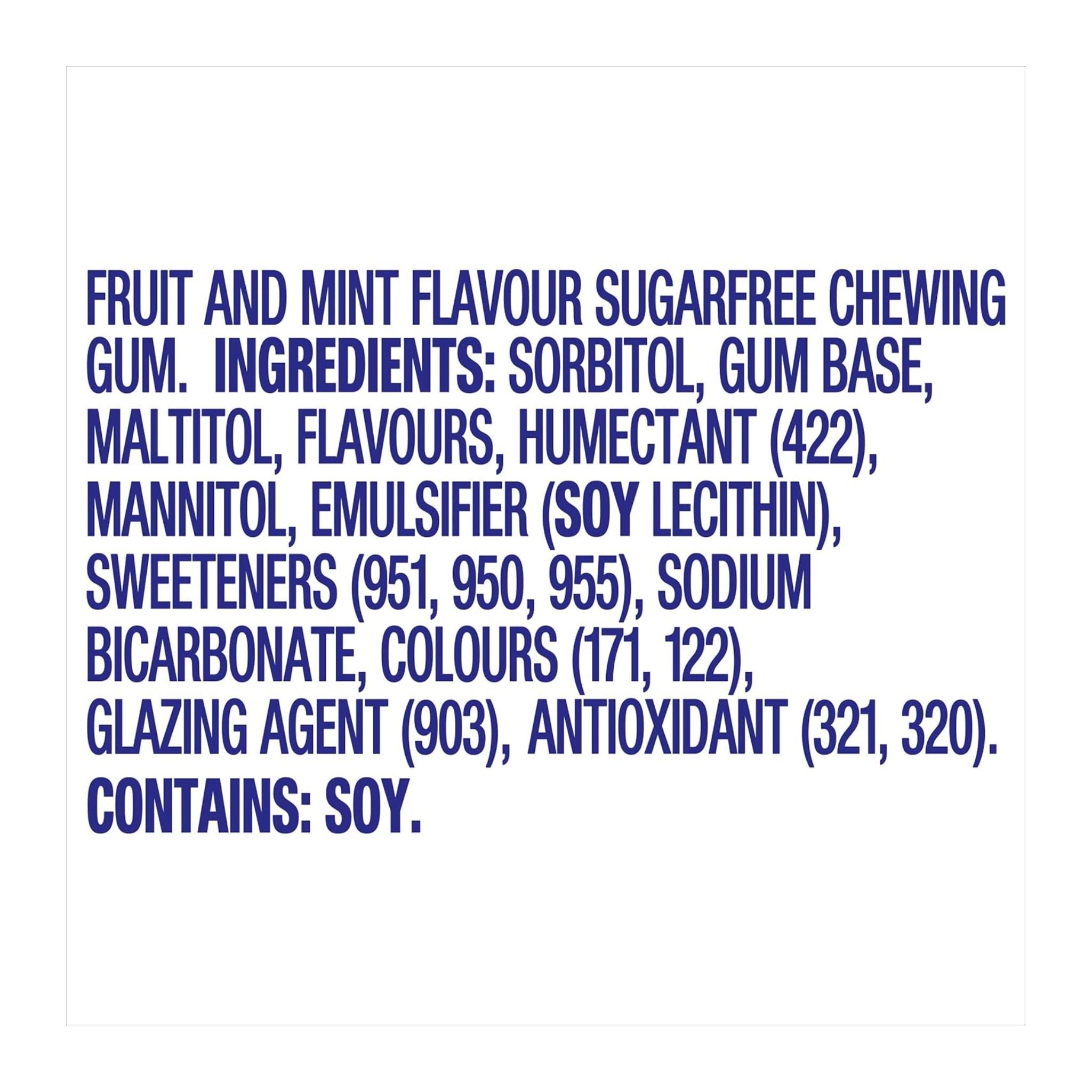 List of ingredients for fruit and mint flavor sugarfree chewing gum on a white background