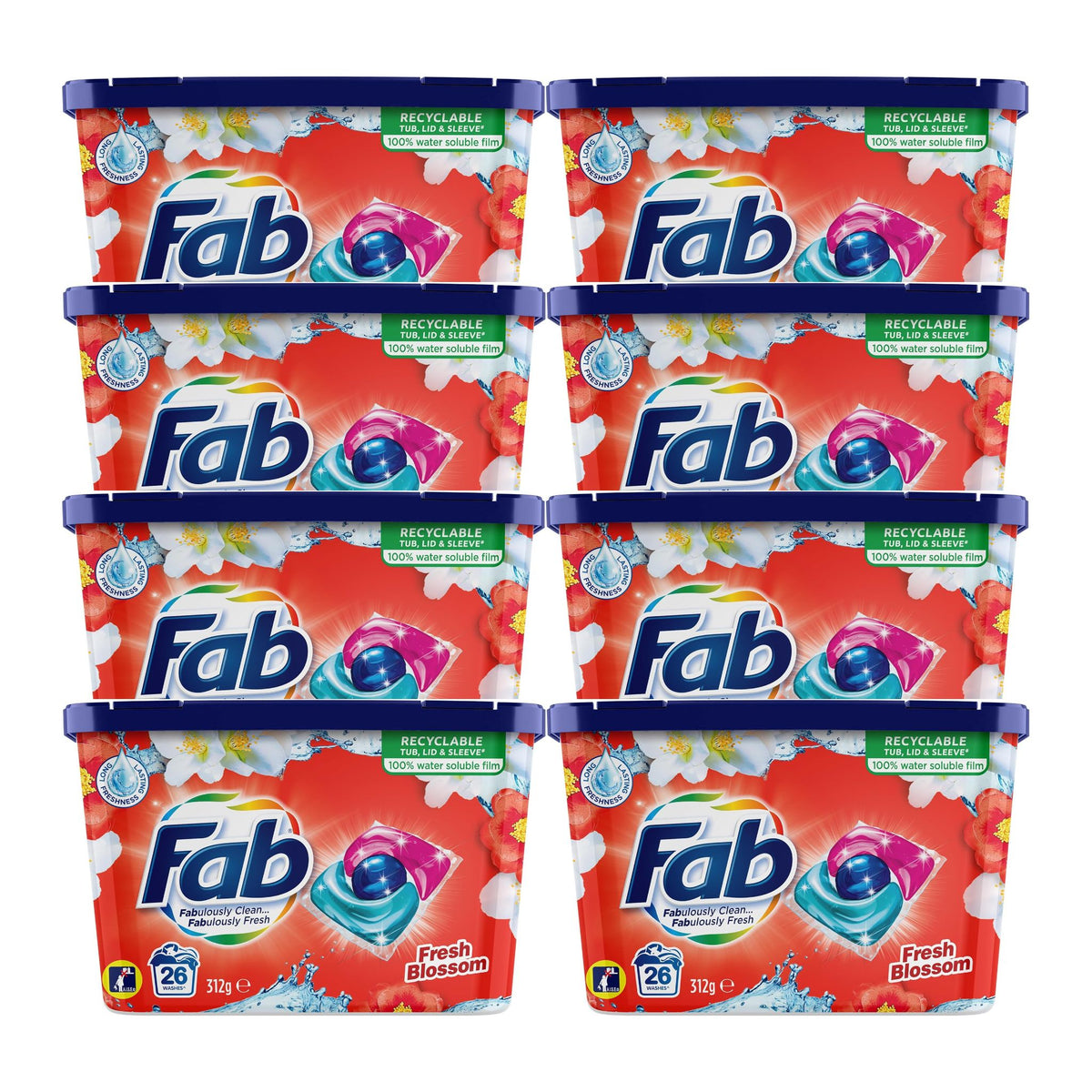 Multiple packs of Fab laundry detergent with colorful packaging on a white background