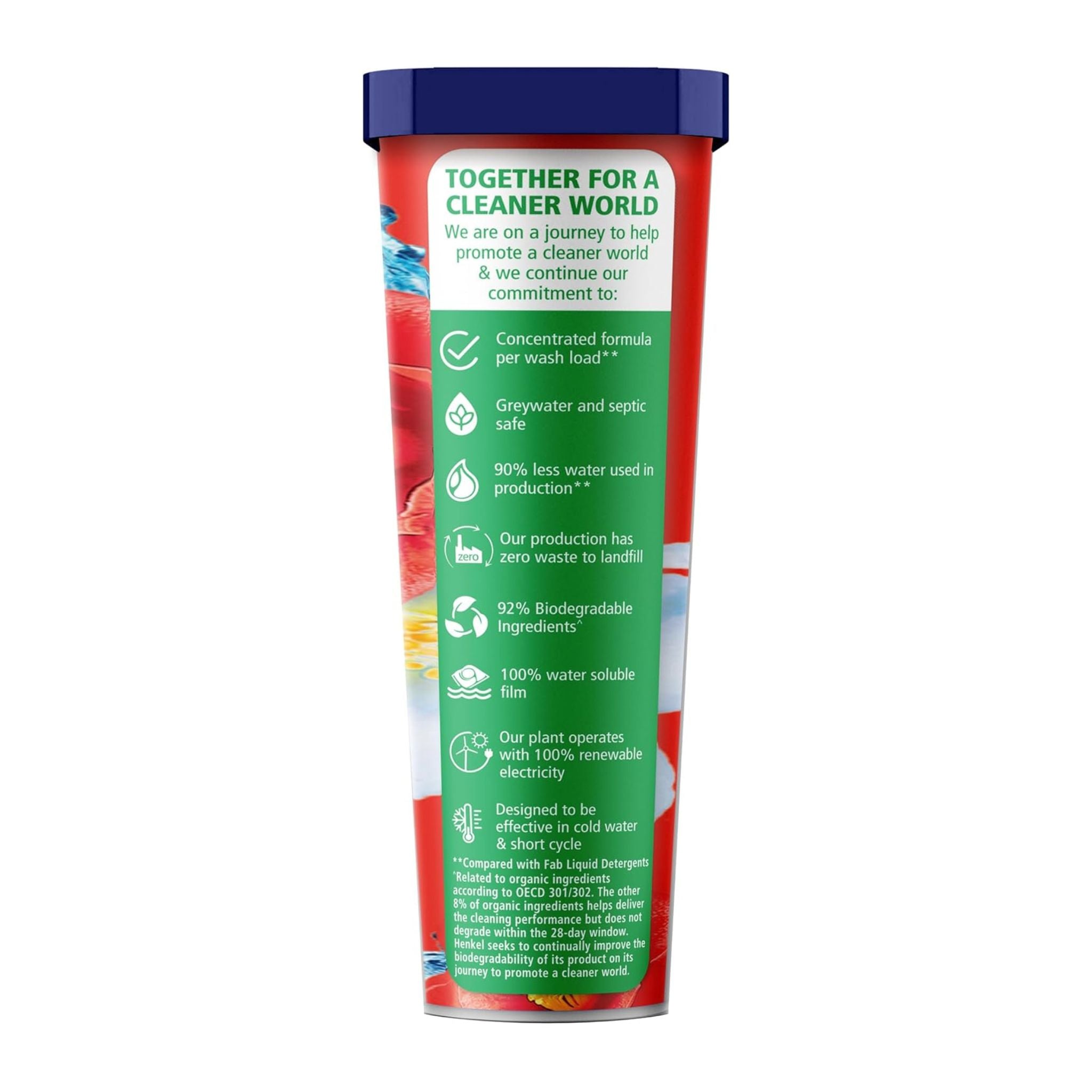 Recyclable product packaging with sustainability information label on a white background