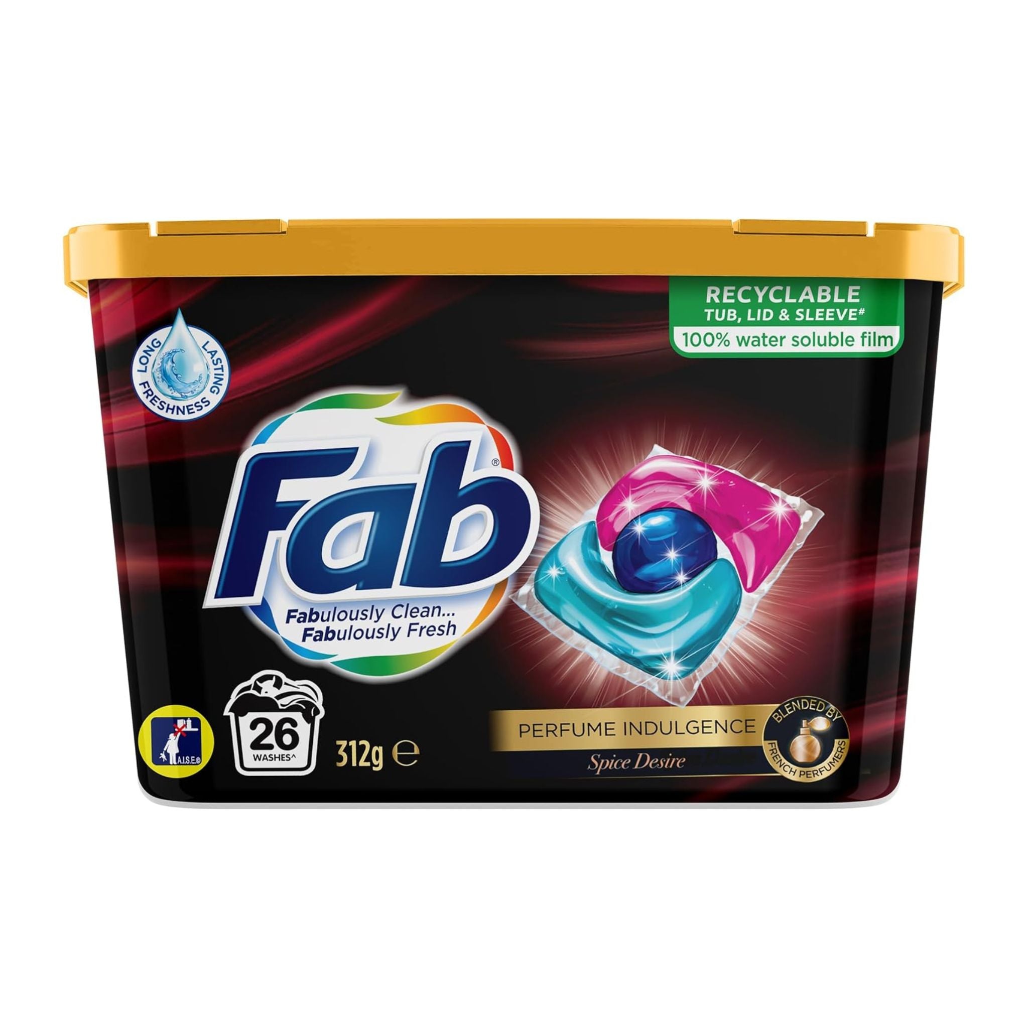 Fab laundry detergent packaging with colorful design on a white background