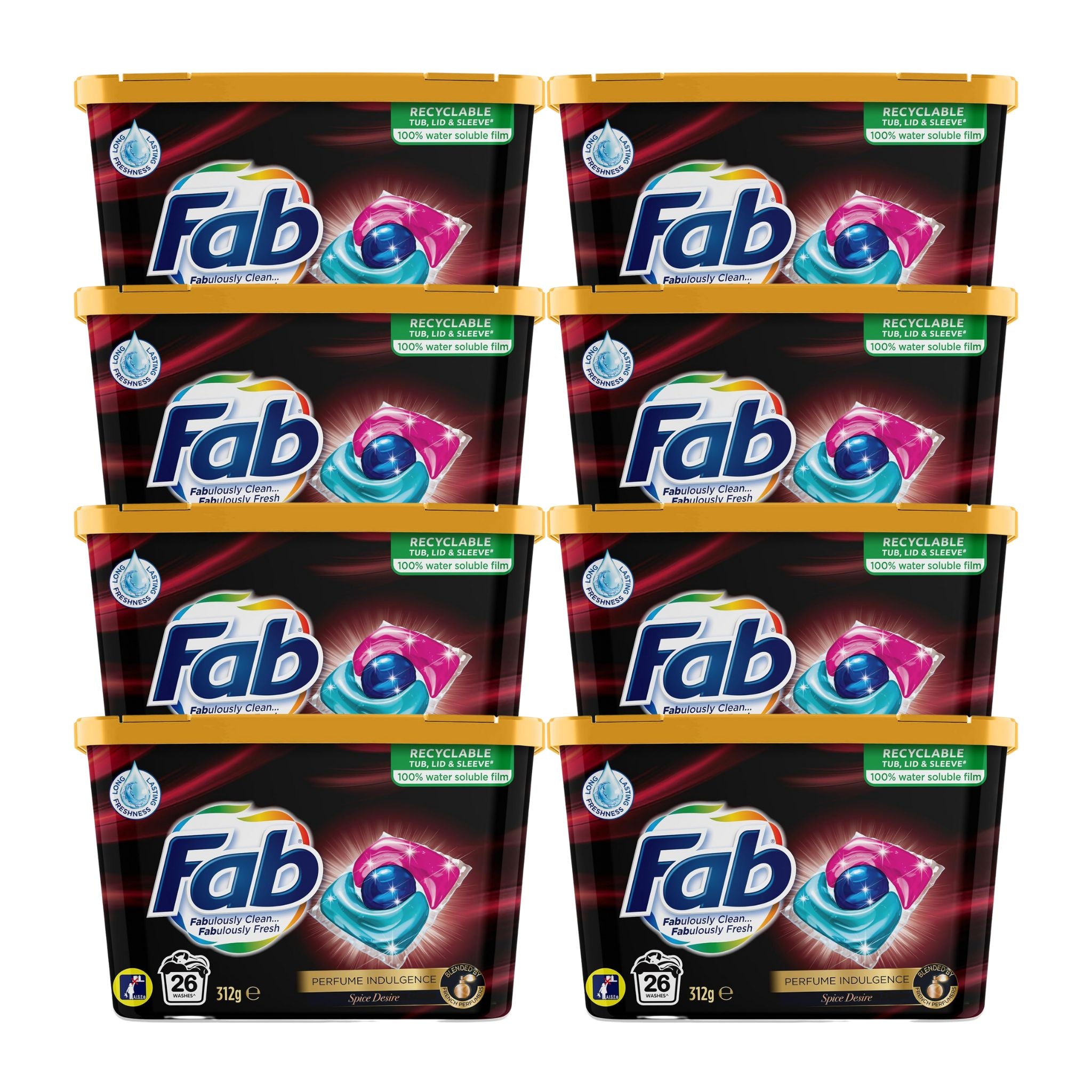 Multiple packs of Fab laundry detergent on a white background