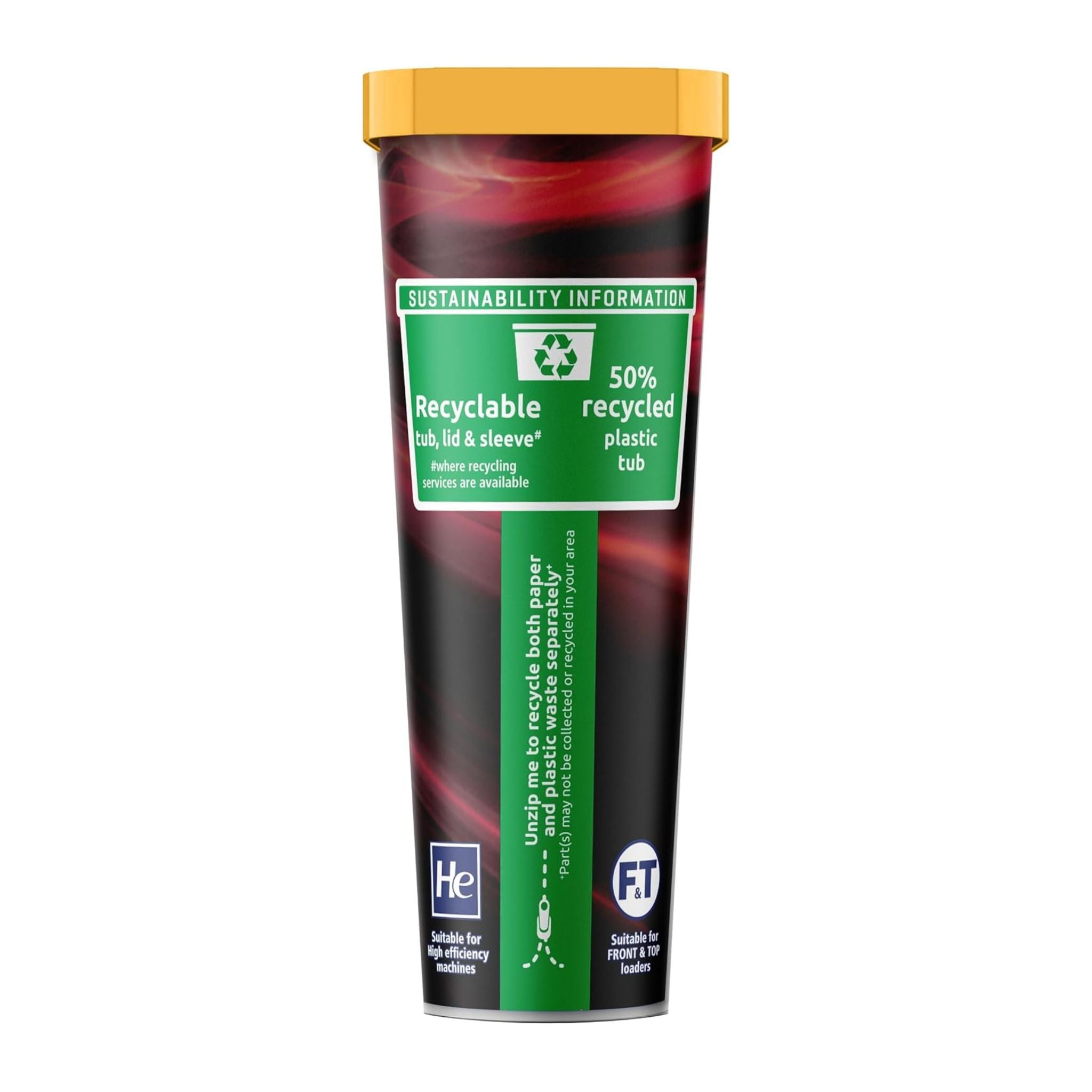 Recyclable product packaging with sustainability information label on a white background