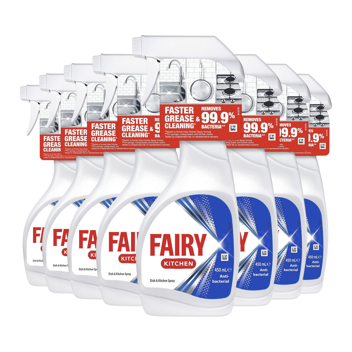 Multiple bottles of Fairy Kitchen detergent on a white background