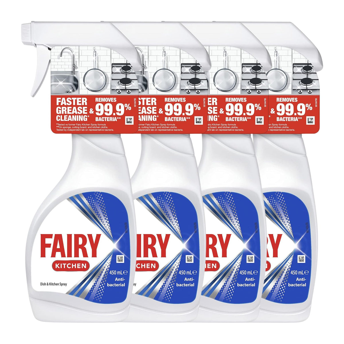 Four bottles of Fairy Kitchen dish soap with a red label on a white background