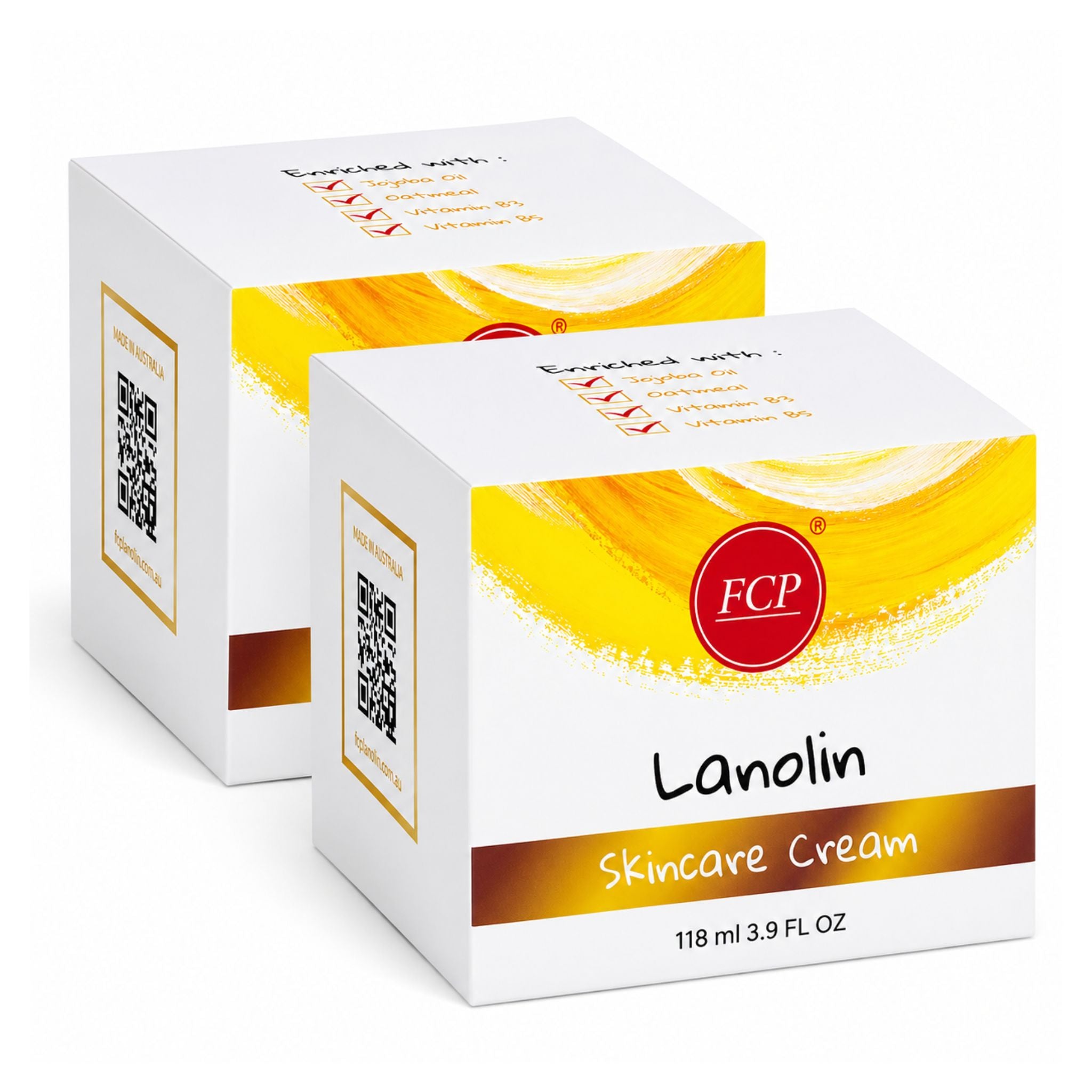 Two boxes of Lanolin Skincare Cream with FCP logo on a white background