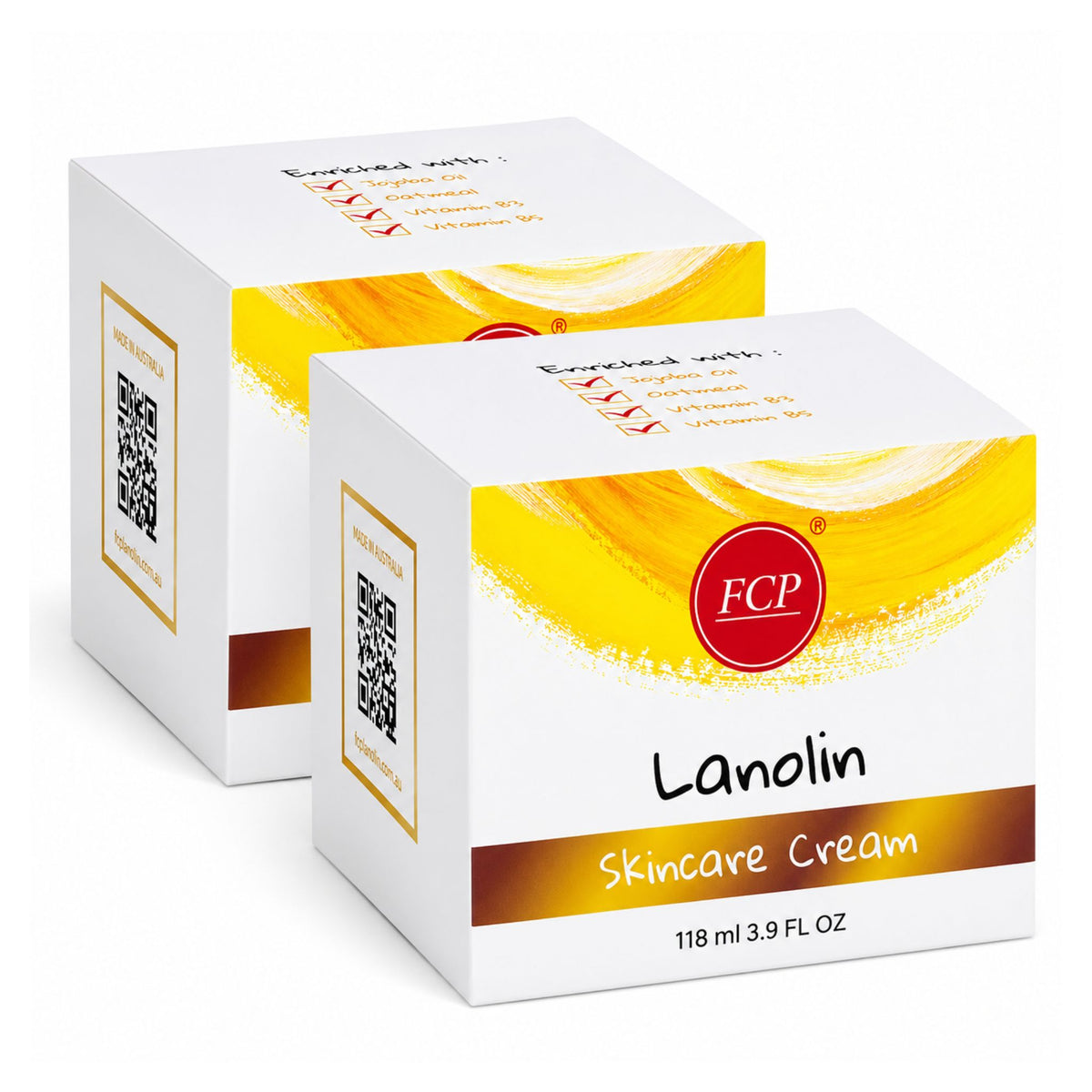 Two boxes of Lanolin Skincare Cream with FCP logo on a white background