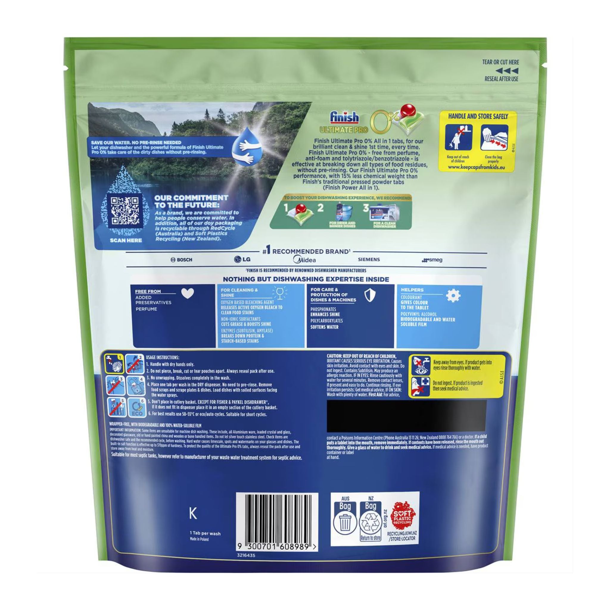 Back view of a green and blue package with text and logos on a white background