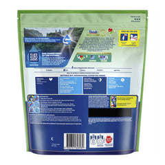 Back view of a green and blue package with text and logos on a white background